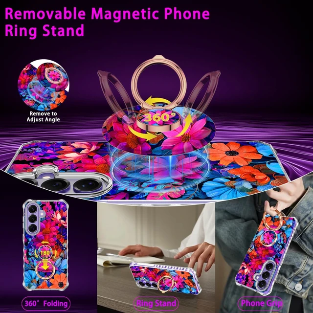 Alt view image 3 of 7 - for Galaxy S26 Plus Case,Magnetic Removable Floral Phone Ring Stand, 360°Rotation MagSafe Stand,Slim Wavy Frame Cases with Cute Flowers for Samsung Galaxy S26 Plus 6.7 inch,All Flower