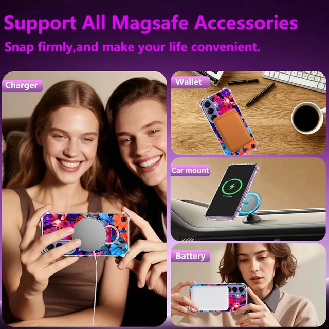 Alt view image 4 of 7 - for Galaxy S26 Plus Case,Magnetic Removable Floral Phone Ring Stand, 360°Rotation MagSafe Stand,Slim Wavy Frame Cases with Cute Flowers for Samsung Galaxy S26 Plus 6.7 inch,All Flower