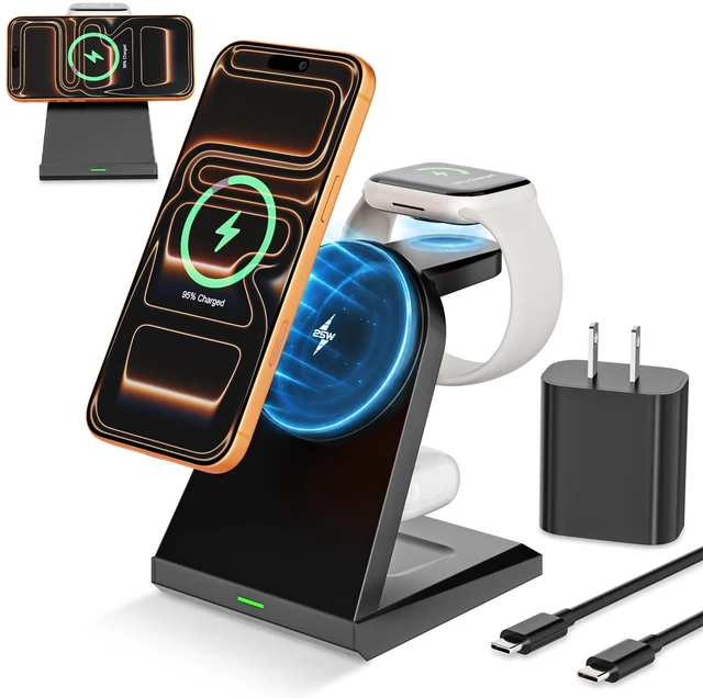 Main image of Magnet Wireless iPhone Charging Station,3 in 1 Fast 25W Magnetic Phone Charger Stand & 35W USBC Wall Charger Adapter & 3FT USBC Cable Fast Charging for iPhone 17/16/15/14/13/12/Plus/Pro/Airpods/iWatch
