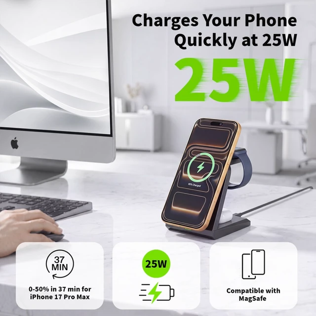 Alt view image 2 of 7 - Magnet Wireless iPhone Charging Station,3 in 1 Fast 25W Magnetic Phone Charger Stand & 35W USBC Wall Charger Adapter & 3FT USBC Cable Fast Charging for iPhone 17/16/15/14/13/12/Plus/Pro/Airpods/iWatch