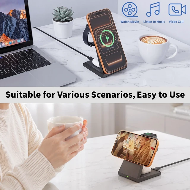 Alt view image 6 of 7 - Magnet Wireless iPhone Charging Station,3 in 1 Fast 25W Magnetic Phone Charger Stand & 35W USBC Wall Charger Adapter & 3FT USBC Cable Fast Charging for iPhone 17/16/15/14/13/12/Plus/Pro/Airpods/iWatch