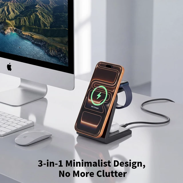 Alt view image 4 of 7 - Magnet Wireless iPhone Charging Station,3 in 1 Fast 25W Magnetic Phone Charger Stand & 35W USBC Wall Charger Adapter & 3FT USBC Cable Fast Charging for iPhone 17/16/15/14/13/12/Plus/Pro/Airpods/iWatch