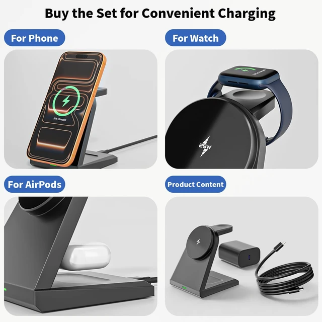 Alt view image 7 of 7 - Magnet Wireless iPhone Charging Station,3 in 1 Fast 25W Magnetic Phone Charger Stand & 35W USBC Wall Charger Adapter & 3FT USBC Cable Fast Charging for iPhone 17/16/15/14/13/12/Plus/Pro/Airpods/iWatch