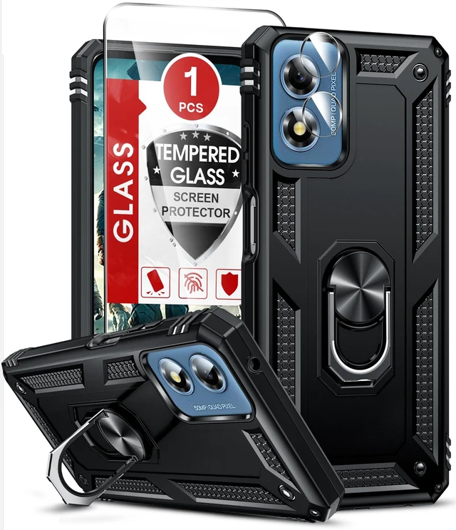 Main image of for Moto G-Play-2024 Case: Heavy Duty Shockproof and Stand Black | Glass Screen Protector, Heavy Duty Smartphone Phone Cover Magnetic Ring Stand Motorola GPlay 2024 Accessories, Black