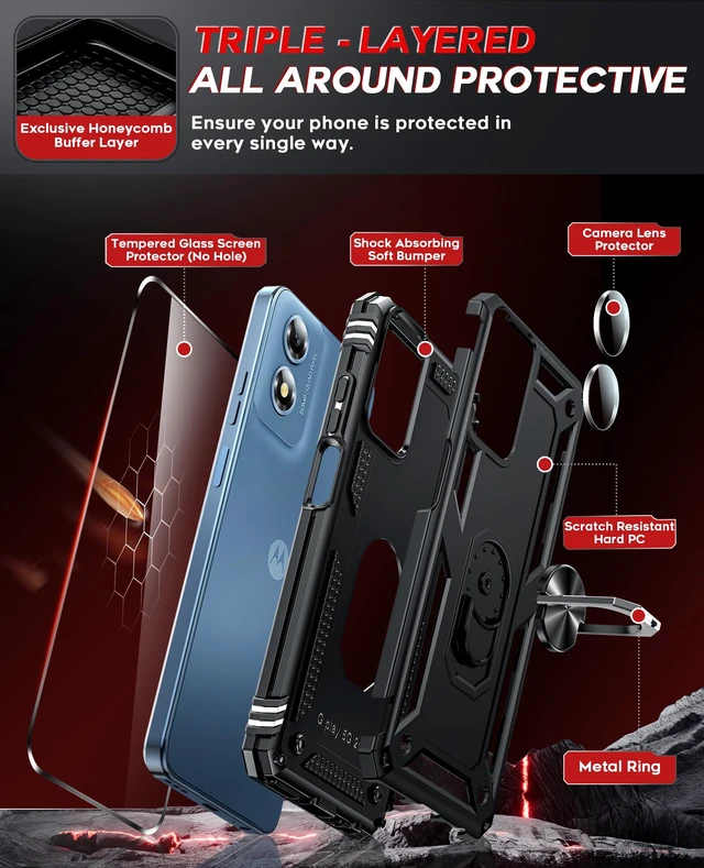 Alt view image 3 of 7 - for Moto G-Play-2024 Case: Heavy Duty Shockproof and Stand Black | Glass Screen Protector, Heavy Duty Smartphone Phone Cover Magnetic Ring Stand Motorola GPlay 2024 Accessories, Black