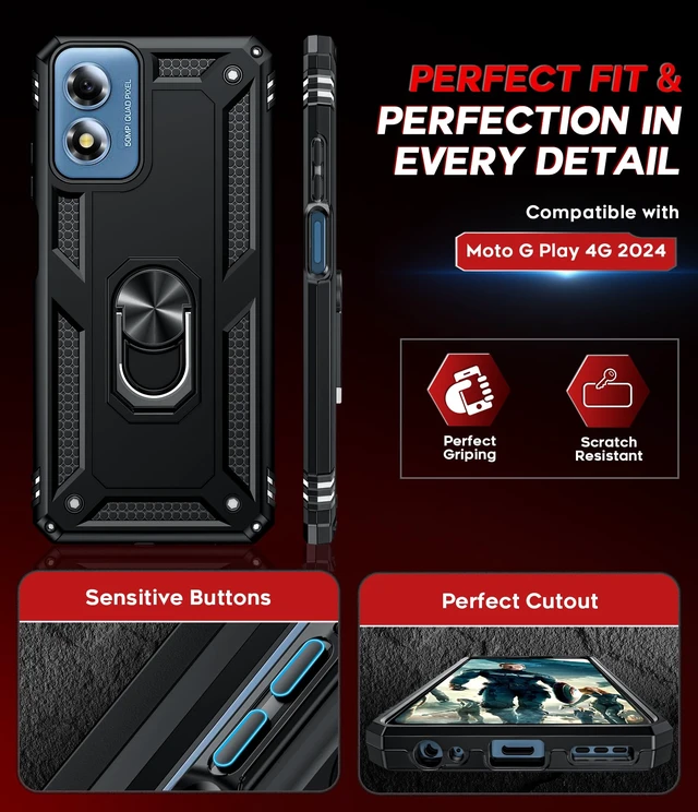 Alt view image 7 of 7 - for Moto G-Play-2024 Case: Heavy Duty Shockproof and Stand Black | Glass Screen Protector, Heavy Duty Smartphone Phone Cover Magnetic Ring Stand Motorola GPlay 2024 Accessories, Black
