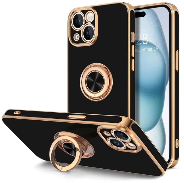 Main image of for iPhone 15 Plus Case with Ring Stand, 360° Rotatable Ring Holder Magnetic Kickstand, Plating Rose Gold Edge Soft Cover Luxury Protective Phone Case for iPhone 15 Plus 6.7", Black