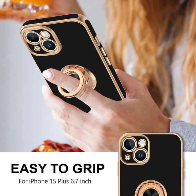 Alt view image 2 of 7 - for iPhone 15 Plus Case with Ring Stand, 360° Rotatable Ring Holder Magnetic Kickstand, Plating Rose Gold Edge Soft Cover Luxury Protective Phone Case for iPhone 15 Plus 6.7", Black