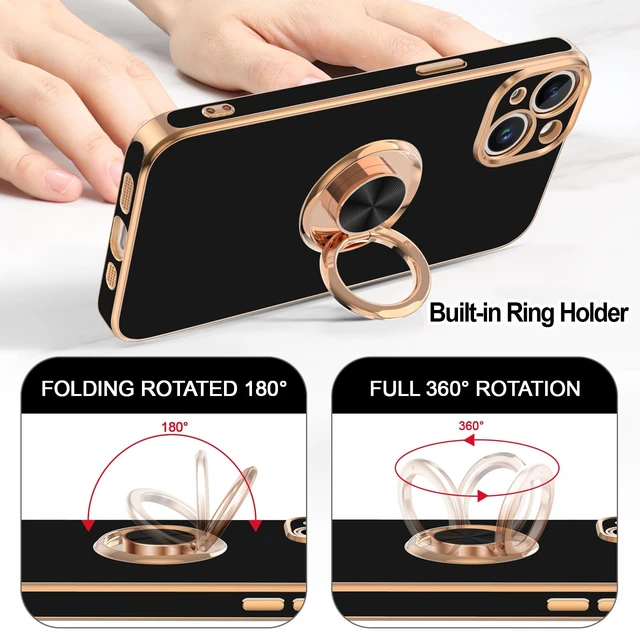 Alt view image 4 of 7 - for iPhone 15 Plus Case with Ring Stand, 360° Rotatable Ring Holder Magnetic Kickstand, Plating Rose Gold Edge Soft Cover Luxury Protective Phone Case for iPhone 15 Plus 6.7", Black