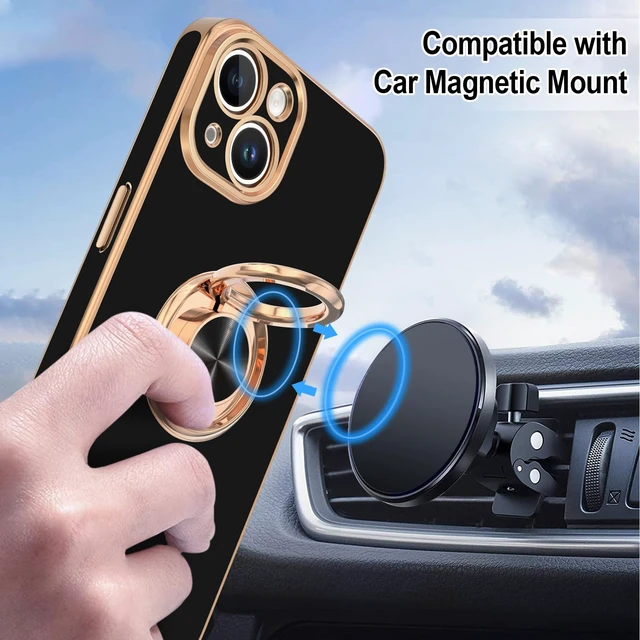 Alt view image 5 of 7 - for iPhone 15 Plus Case with Ring Stand, 360° Rotatable Ring Holder Magnetic Kickstand, Plating Rose Gold Edge Soft Cover Luxury Protective Phone Case for iPhone 15 Plus 6.7", Black