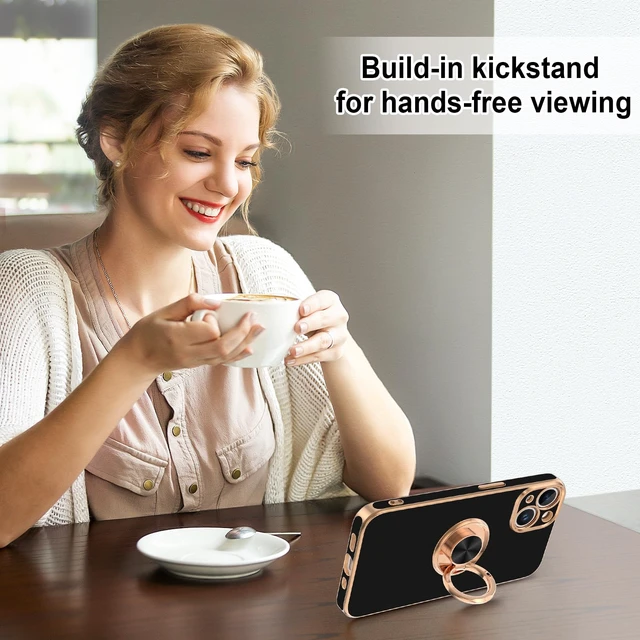 Alt view image 6 of 7 - for iPhone 15 Plus Case with Ring Stand, 360° Rotatable Ring Holder Magnetic Kickstand, Plating Rose Gold Edge Soft Cover Luxury Protective Phone Case for iPhone 15 Plus 6.7", Black