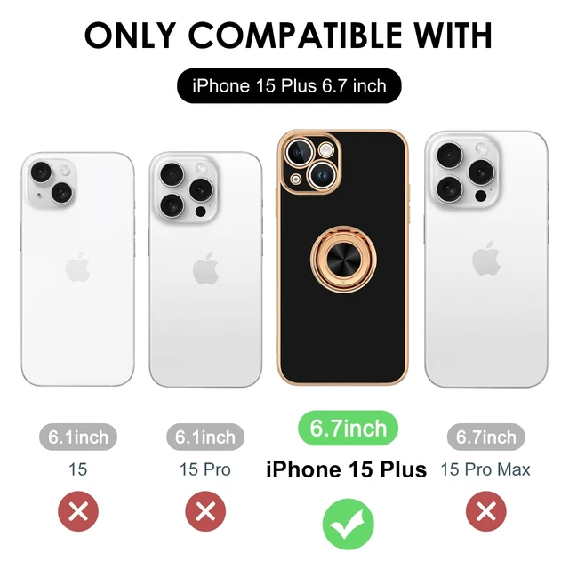 Alt view image 7 of 7 - for iPhone 15 Plus Case with Ring Stand, 360° Rotatable Ring Holder Magnetic Kickstand, Plating Rose Gold Edge Soft Cover Luxury Protective Phone Case for iPhone 15 Plus 6.7", Black