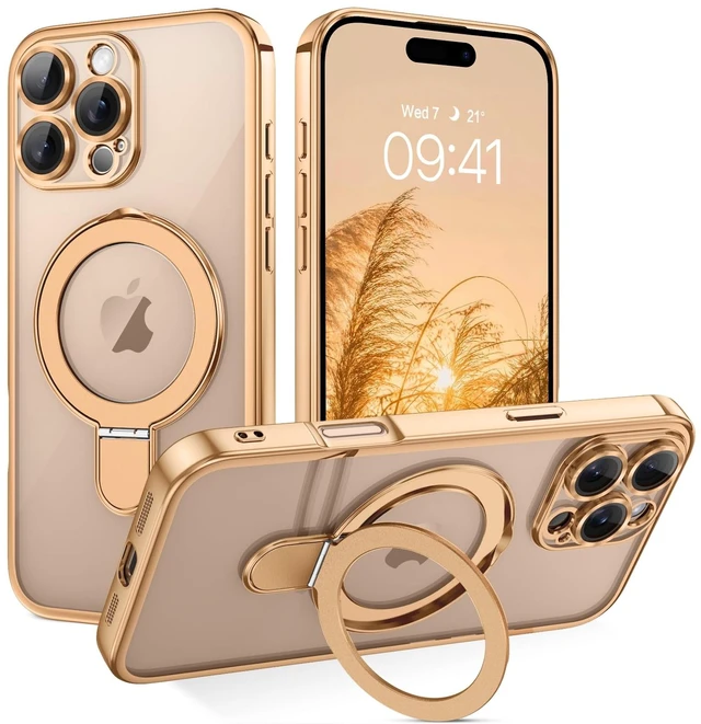 Main image of for iPhone 16 Pro Case with Stand, Magnetic Clear Cases Plating Edge Invisible Ring Holder Slim Protective Shockproof Kickstand Phone Case for iPhone 16 Pro 6.3 inch, Desert Titanium Gold