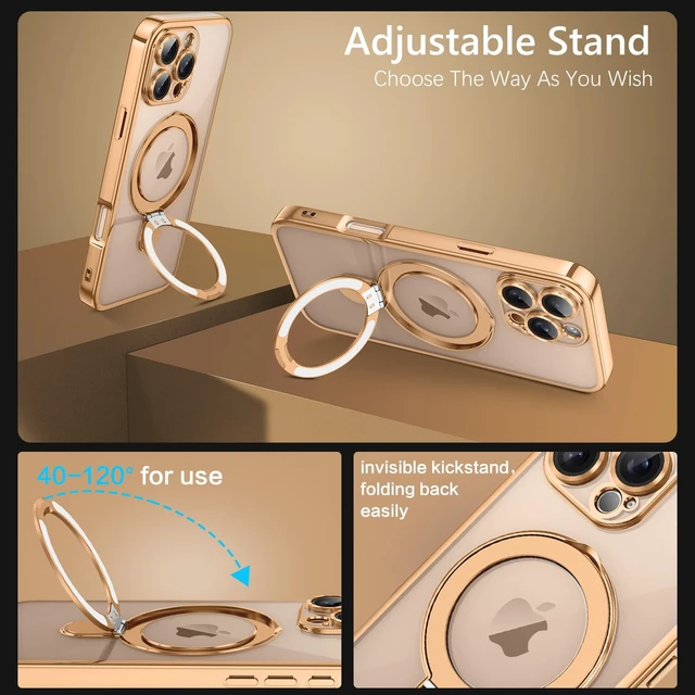 Alt view image 3 of 7 - for iPhone 16 Pro Case with Stand, Magnetic Clear Cases Plating Edge Invisible Ring Holder Slim Protective Shockproof Kickstand Phone Case for iPhone 16 Pro 6.3 inch, Desert Titanium Gold