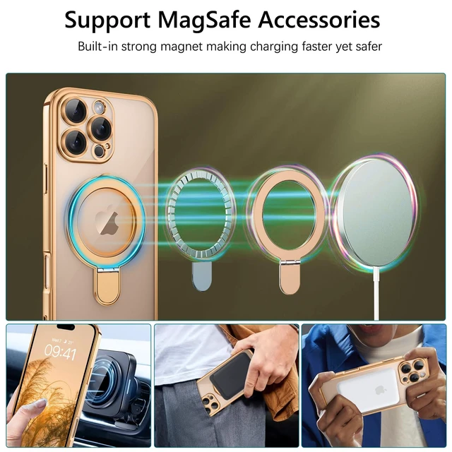 Alt view image 4 of 7 - for iPhone 16 Pro Case with Stand, Magnetic Clear Cases Plating Edge Invisible Ring Holder Slim Protective Shockproof Kickstand Phone Case for iPhone 16 Pro 6.3 inch, Desert Titanium Gold