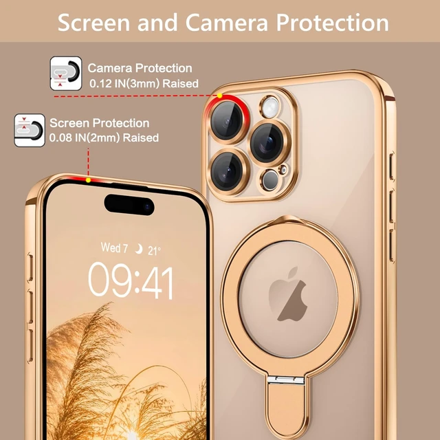 Alt view image 6 of 7 - for iPhone 16 Pro Case with Stand, Magnetic Clear Cases Plating Edge Invisible Ring Holder Slim Protective Shockproof Kickstand Phone Case for iPhone 16 Pro 6.3 inch, Desert Titanium Gold