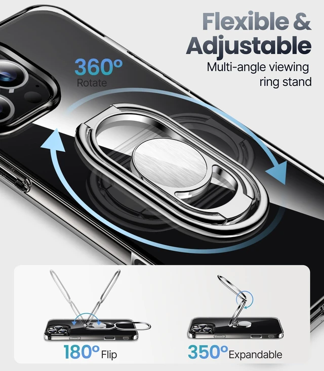 Alt view image 3 of 7 - for iPhone 16 Pro Max Case with Stand, 2-Way Stand, 6.9", Clear | Double Ring Holder, Adjustable & Foldable, Shockproof Protective Cover, 360° Rotation Kickstand, Hands-Free Viewing