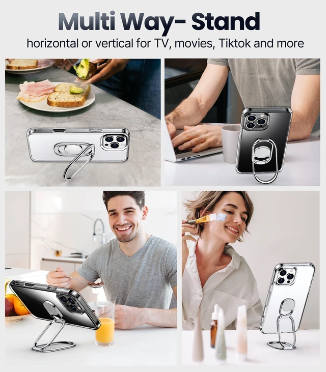 Alt view image 4 of 7 - for iPhone 16 Pro Max Case with Stand, 2-Way Stand, 6.9", Clear | Double Ring Holder, Adjustable & Foldable, Shockproof Protective Cover, 360° Rotation Kickstand, Hands-Free Viewing