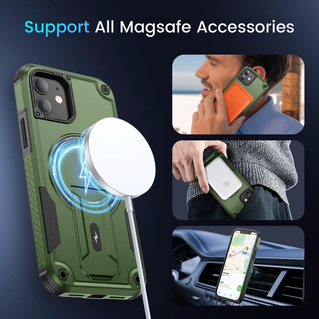 Alt view image 4 of 7 - for iPhone 11 Case, iPhone 11 Phone Case with Stand Green | Compatible with MagSafe, Built-in Hidden Kickstand, Solid Protective Dual-layer TPU+PC Shockproof Magnetic Phone Cover