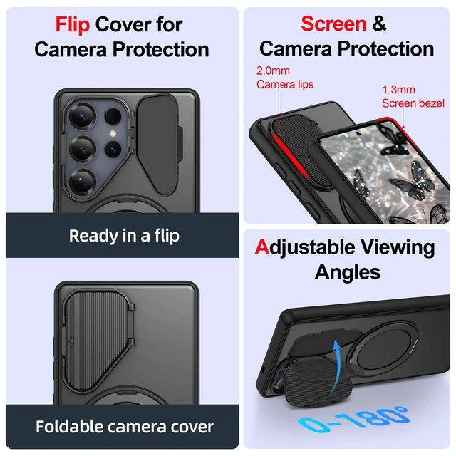 Alt view image 4 of 7 - for Samsung Galaxy S25 Ultra Case,Flip Camera Cover | with Screen Protector,Ring Holder Stand Kickstand, Military Grade Dropproof Cell Phone CoverMagnetic Accessory Friendly Phone Case,Black
