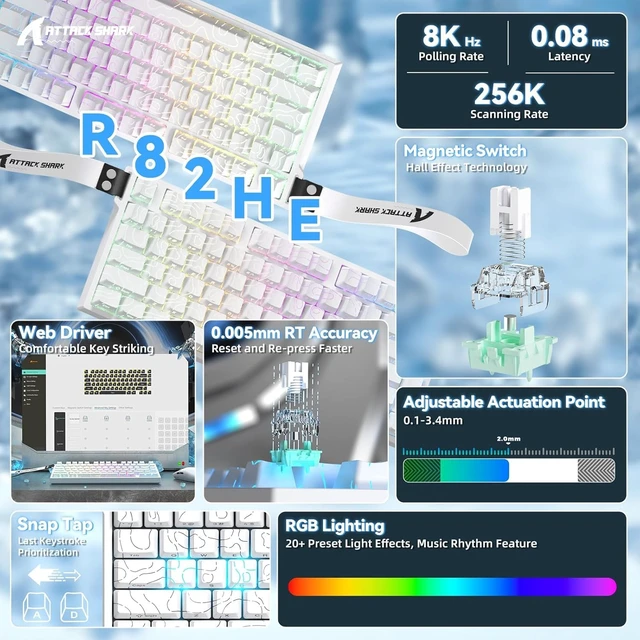 Alt view image 2 of 7 - R82HE RT Wired RGB 8K Mechanical Gaming Keyboard-White Contour | TKL,NKRO,8Khz Polling,0.005mm RT Accuracy,256K Scan Rate,5 Layer Sound Damped,Hall Effect Magnetic Switch,Driver for PC Mac