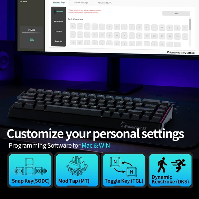 Alt view image 5 of 7 - NaughShark NS68 65% Rapid Trigger Wired Gaming Keyboard | Side Printed Keycap, K8KHz Polling Rate 0.01mm RT, Snap Tap, Outemu Peach Crystal Magnetic Switch Hall Effect Keyboard