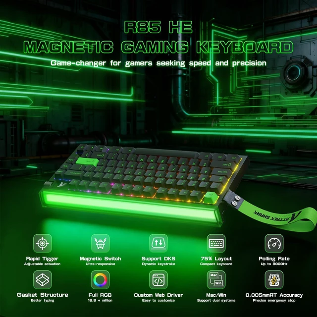 Alt view image 2 of 7 - ATTACK SHARK R85 HE Hall Effect Gaming Keyboard, 75% Rapid Trigger, 8KHz | 0.005mm RT, 0.08ms Latency, Adjustable Actuation 0.1-3.3mm, Snap Tap, DKS, RGB Lightbox, Web Driver for PC/ MAC Gamer