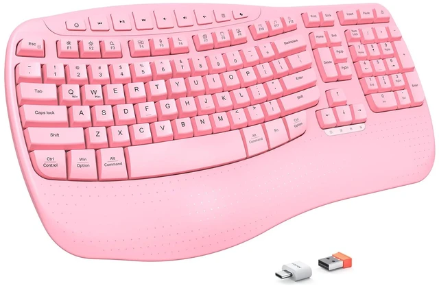 Main image of Wireless Ergonomic Keyboard, Wave Keys with Wrist Rest, Pink | Fullsize ergonomic wave wireless keyboard with wrist rest, multimedia hotkeys & LED indicators,2.4G plugandplay.