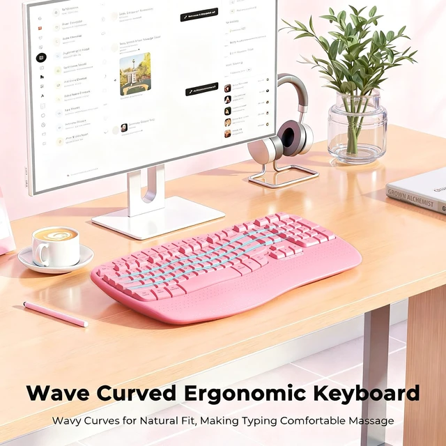 Alt view image 2 of 7 - Wireless Ergonomic Keyboard, Wave Keys with Wrist Rest, Pink | Fullsize ergonomic wave wireless keyboard with wrist rest, multimedia hotkeys & LED indicators,2.4G plugandplay.