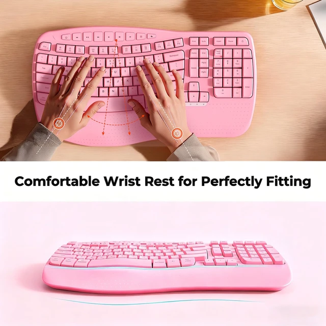 Alt view image 3 of 7 - Wireless Ergonomic Keyboard, Wave Keys with Wrist Rest, Pink | Fullsize ergonomic wave wireless keyboard with wrist rest, multimedia hotkeys & LED indicators,2.4G plugandplay.