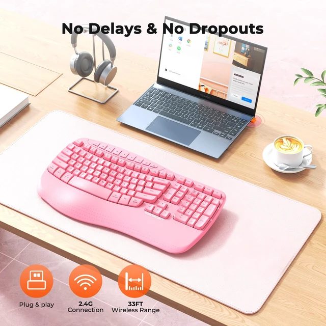 Alt view image 5 of 7 - Wireless Ergonomic Keyboard, Wave Keys with Wrist Rest, Pink | Fullsize ergonomic wave wireless keyboard with wrist rest, multimedia hotkeys & LED indicators,2.4G plugandplay.