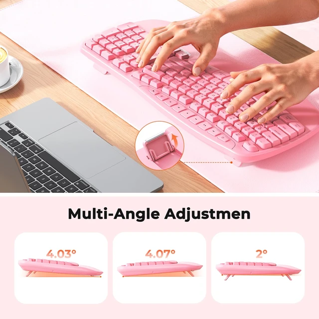 Alt view image 4 of 7 - Wireless Ergonomic Keyboard, Wave Keys with Wrist Rest, Pink | Fullsize ergonomic wave wireless keyboard with wrist rest, multimedia hotkeys & LED indicators,2.4G plugandplay.
