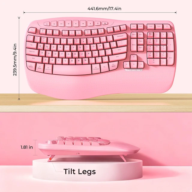 Alt view image 7 of 7 - Wireless Ergonomic Keyboard, Wave Keys with Wrist Rest, Pink | Fullsize ergonomic wave wireless keyboard with wrist rest, multimedia hotkeys & LED indicators,2.4G plugandplay.