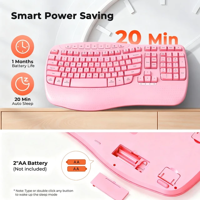 Alt view image 6 of 7 - Wireless Ergonomic Keyboard, Wave Keys with Wrist Rest, Pink | Fullsize ergonomic wave wireless keyboard with wrist rest, multimedia hotkeys & LED indicators,2.4G plugandplay.