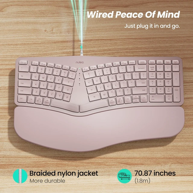 Alt view image 3 of 6 - RT05C Wired Ergonomic Keyboard, Split Keyboard with Cushioned Wrist Rest, Adjustable Tilt Legs, Plug and Play, USB Corded, Compatible with Windows/Mac (Pink)