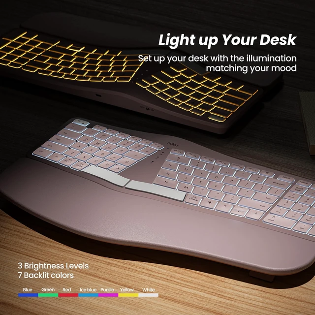 Alt view image 6 of 7 - RT05 Wireless Ergonomic Keyboard, Split Keyboard with Wrist Rest, USB-C Charging, 7-Color Backlight, Natural Typing, Bluetooth and USB Connectivity, Compatible with Windows/Mac(Pink)