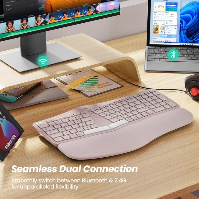 Alt view image 7 of 7 - RT05 Wireless Ergonomic Keyboard, Split Keyboard with Wrist Rest, USB-C Charging, 7-Color Backlight, Natural Typing, Bluetooth and USB Connectivity, Compatible with Windows/Mac(Pink)