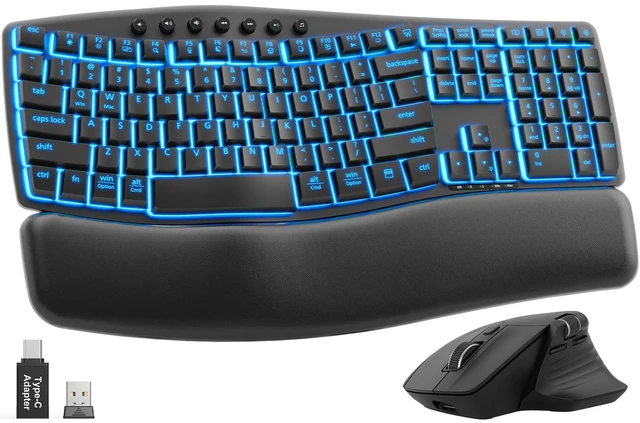 Main image of Wireless Keyboard and Mouse, Keyboard with Leather Wrist Rest | 7 Backlit Ergonomic Keyboard with wave keys, side-scroll mouse, rechargeable keyboard with 2.4GHz USB-A/USB-C receiver