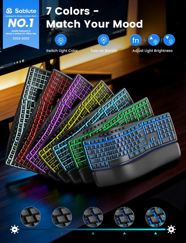 Alt view image 2 of 7 - Wireless Keyboard and Mouse, Keyboard with Leather Wrist Rest | 7 Backlit Ergonomic Keyboard with wave keys, side-scroll mouse, rechargeable keyboard with 2.4GHz USB-A/USB-C receiver