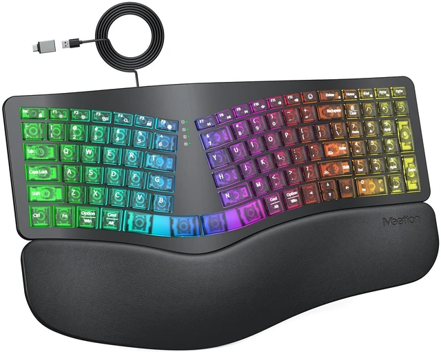 Main image of Wired Ergonomic Keyboard with Backlit Keys and Wrist Rest, Black | 7-color backlight, 4 brightness levels, RGB breathing mode, USB-A to USB-C adapter, compatible with Windows, Mac and laptops