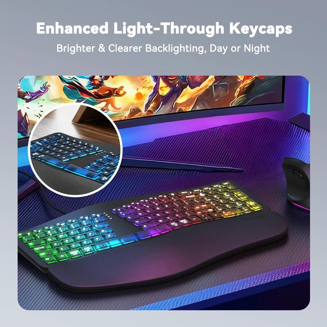 Alt view image 3 of 7 - Wired Ergonomic Keyboard with Backlit Keys and Wrist Rest, Black | 7-color backlight, 4 brightness levels, RGB breathing mode, USB-A to USB-C adapter, compatible with Windows, Mac and laptops