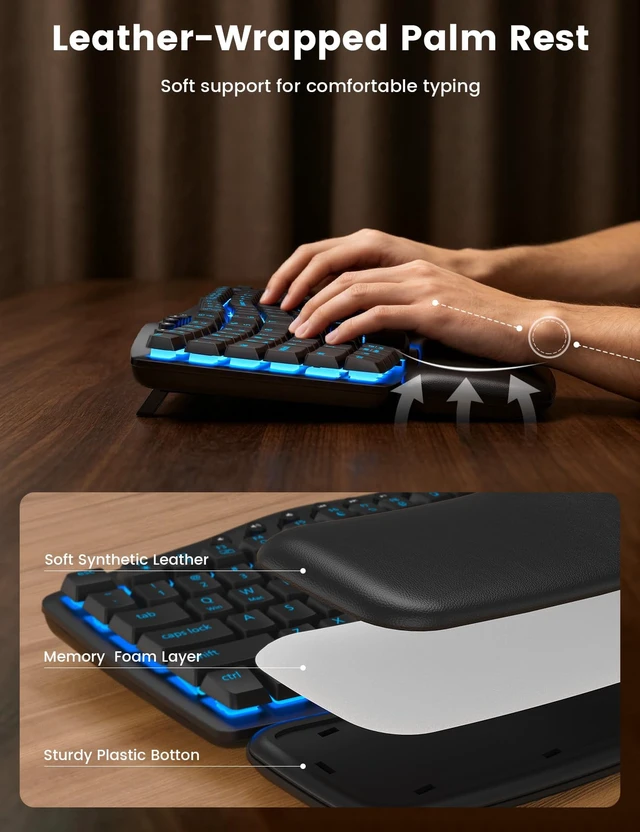 Alt view image 3 of 7 - Wireless Keyboard and Mouse, Keyboard with Leather Wrist Rest | 7 Backlit Ergonomic Keyboard with wave keys, side-scroll mouse, rechargeable keyboard with 2.4GHz USB-A/USB-C receiver