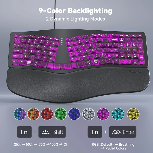 Alt view image 2 of 7 - Wired Ergonomic Keyboard with Backlit Keys and Wrist Rest, Black | 7-color backlight, 4 brightness levels, RGB breathing mode, USB-A to USB-C adapter, compatible with Windows, Mac and laptops
