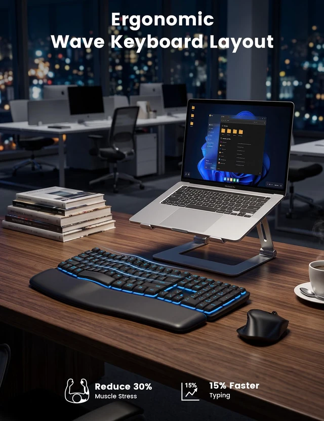 Alt view image 4 of 7 - Wireless Keyboard and Mouse, Keyboard with Leather Wrist Rest | 7 Backlit Ergonomic Keyboard with wave keys, side-scroll mouse, rechargeable keyboard with 2.4GHz USB-A/USB-C receiver