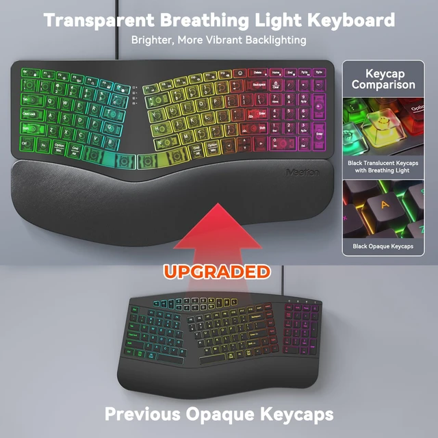 Alt view image 4 of 7 - Wired Ergonomic Keyboard with Backlit Keys and Wrist Rest, Black | 7-color backlight, 4 brightness levels, RGB breathing mode, USB-A to USB-C adapter, compatible with Windows, Mac and laptops