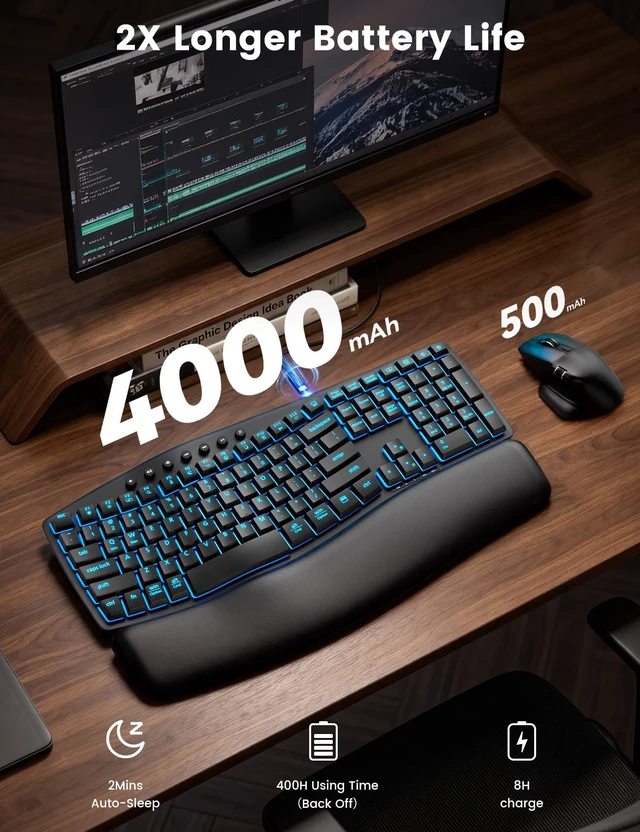 Alt view image 5 of 7 - Wireless Keyboard and Mouse, Keyboard with Leather Wrist Rest | 7 Backlit Ergonomic Keyboard with wave keys, side-scroll mouse, rechargeable keyboard with 2.4GHz USB-A/USB-C receiver