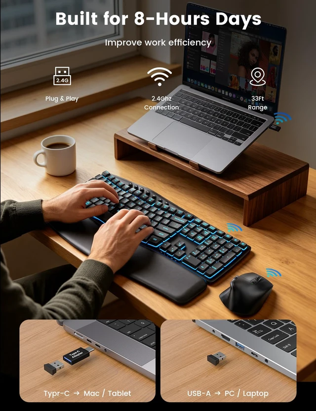 Alt view image 6 of 7 - Wireless Keyboard and Mouse, Keyboard with Leather Wrist Rest | 7 Backlit Ergonomic Keyboard with wave keys, side-scroll mouse, rechargeable keyboard with 2.4GHz USB-A/USB-C receiver