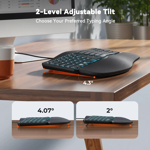 Alt view image 5 of 7 - Wired Ergonomic Keyboard with Backlit Keys and Wrist Rest, Black | 7-color backlight, 4 brightness levels, RGB breathing mode, USB-A to USB-C adapter, compatible with Windows, Mac and laptops