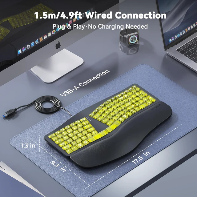 Alt view image 7 of 7 - Wired Ergonomic Keyboard with Backlit Keys and Wrist Rest, Black | 7-color backlight, 4 brightness levels, RGB breathing mode, USB-A to USB-C adapter, compatible with Windows, Mac and laptops