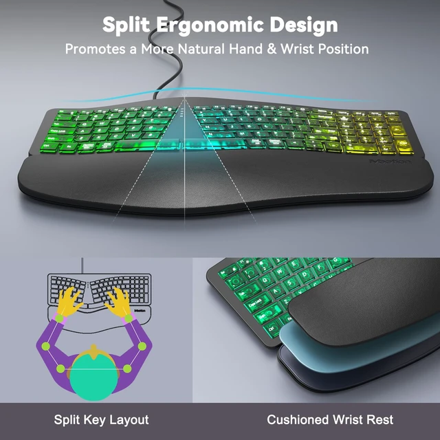 Alt view image 6 of 7 - Wired Ergonomic Keyboard with Backlit Keys and Wrist Rest, Black | 7-color backlight, 4 brightness levels, RGB breathing mode, USB-A to USB-C adapter, compatible with Windows, Mac and laptops